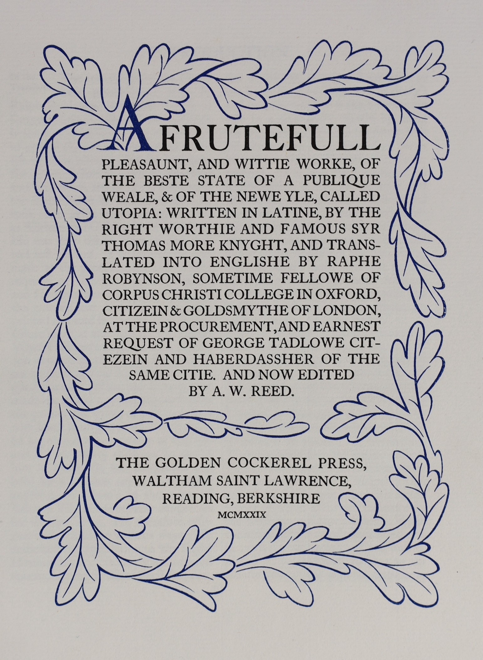 Golden Cockerel Press, Waltham Saint Lawrence, Berkshire - More, Thomas - Utopia, one of 500, floriated initials and title page by Eric Gill, 4to, green cloth gilt, spine an upper front board sunned, 1929, in solander ca